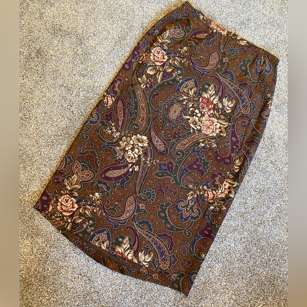 Talbots Women’s size 14 100% Silk Brown Tan Floral Skirt